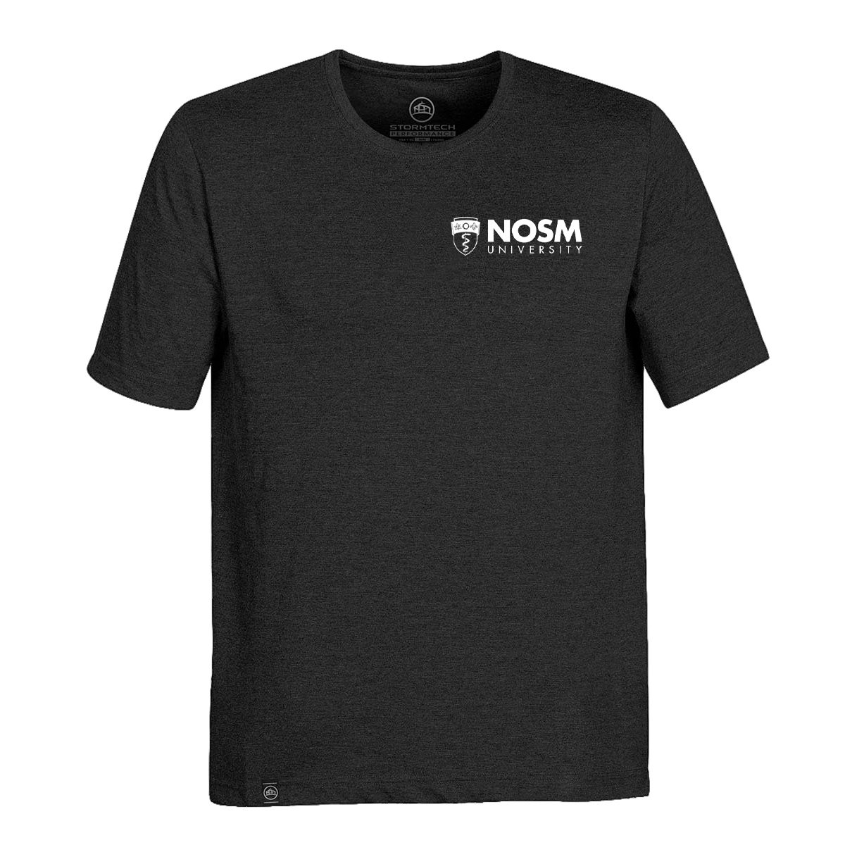 T-shirt mockup with the English NOSM University logo